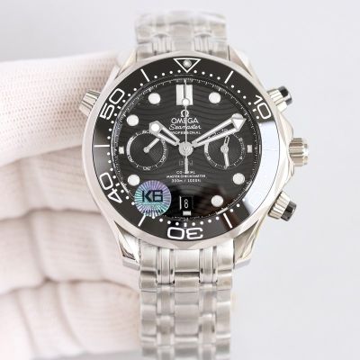 Replica Omega Seamaster Chronograph 44MM Silver Case Stainless Steel Strap Black Watch